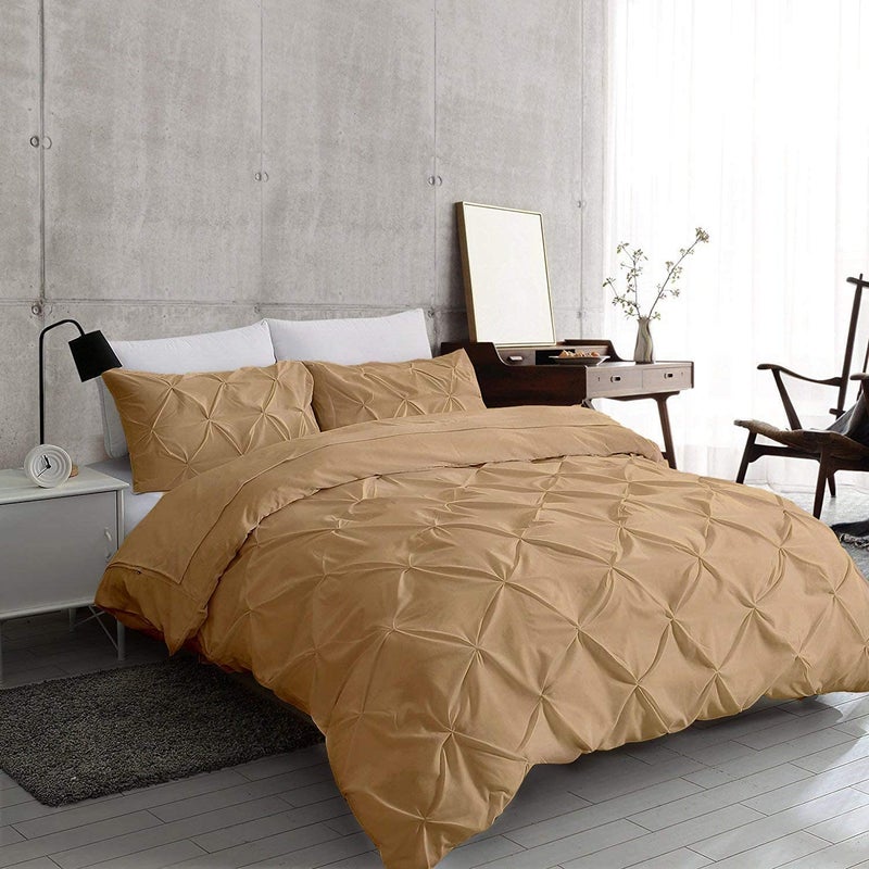 EASY BEDDING 5 Piece Pinch Pleated Duvet Cover Set 600 Thread Count 100 Cotton with Hidden Zipper Closure Duvet Cover and 4 Pillow Cover Super Soft Taupe Solid Double Size - Image 3