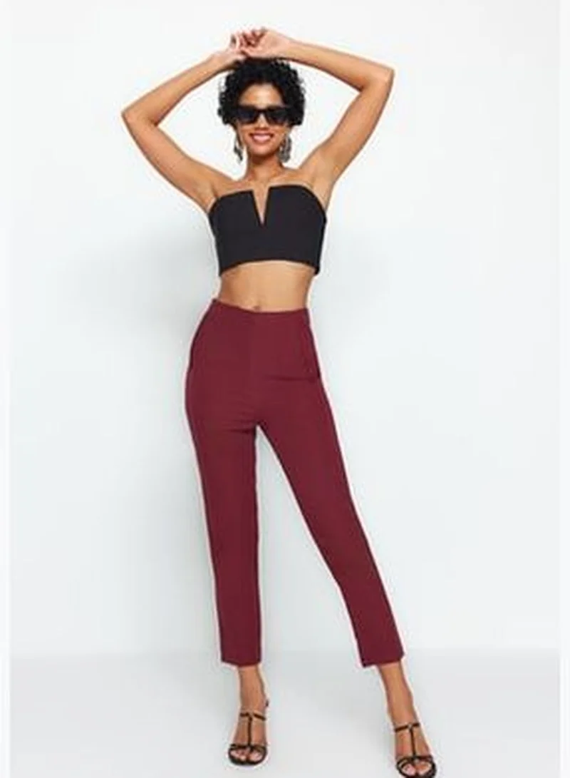 trendyol Dark Claret Red Cigarette Plier High Waist Ankle-Length Woven Trousers TWOSS20PL0515