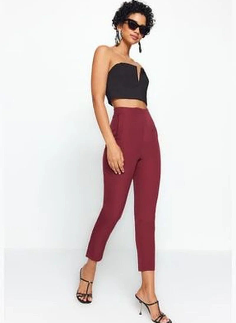 trendyol Dark Claret Red Cigarette Plier High Waist Ankle-Length Woven Trousers TWOSS20PL0515