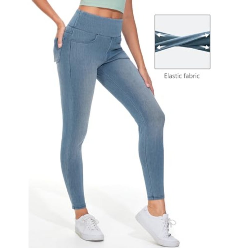 سروال Jeggings نسائي عالي الخصر من THE GYM PEOPLE، بنطال جينز قابل للتمدد للكاحل، طول كابريس، سحب على الخصر المرن، التحكم في البطن، نحيف، رفع المؤخرة، ناعم، 4 جيوب حقيقية، للرحلات، الشارع، العمل - Image 4