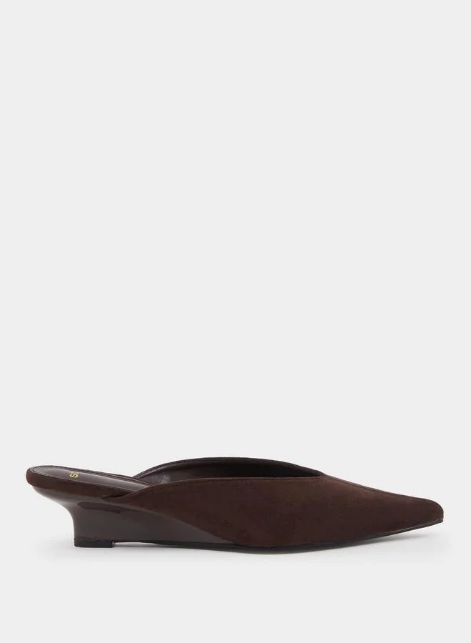 Brown Suede-Look Pointed Toe Mules