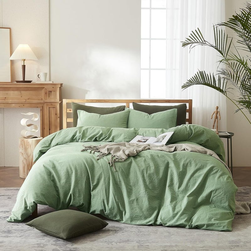AMWAN Sage Green Duvet Cover Full Size Bedding Sets Soft 100% Washed Cotton Duvet Cover Solid Color 3 Piece Comforter Cover 1 Full Duvet Cover with 2 Pillow Shams Boho Light Green Bedding Sets - Image 1