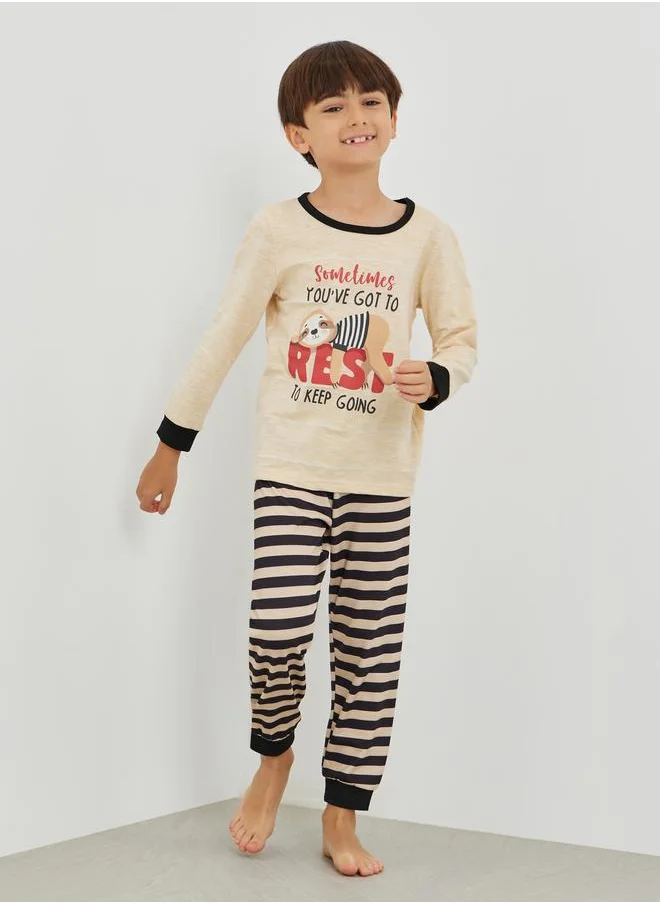 Styli Styli Graphic Print Round Neck T-Shirt and Striped Pyjama Set