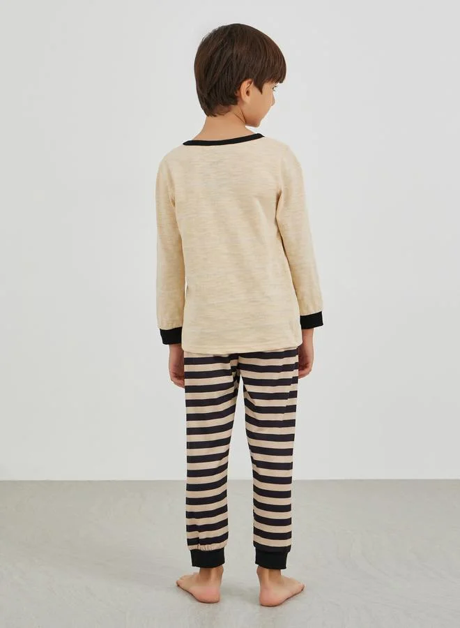Styli Styli Graphic Print Round Neck T-Shirt and Striped Pyjama Set