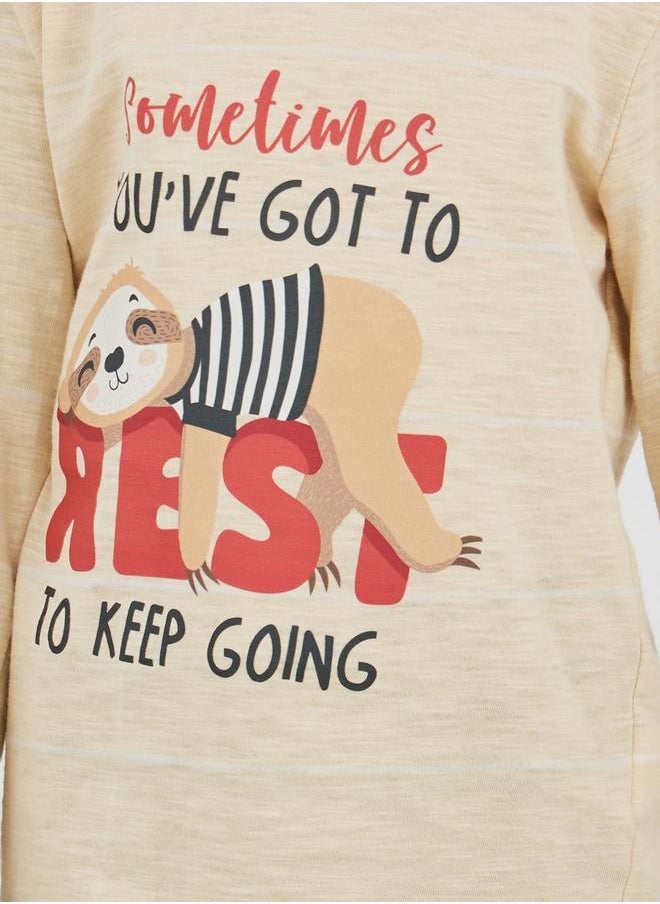 Styli Styli Graphic Print Round Neck T-Shirt and Striped Pyjama Set  - Image 3