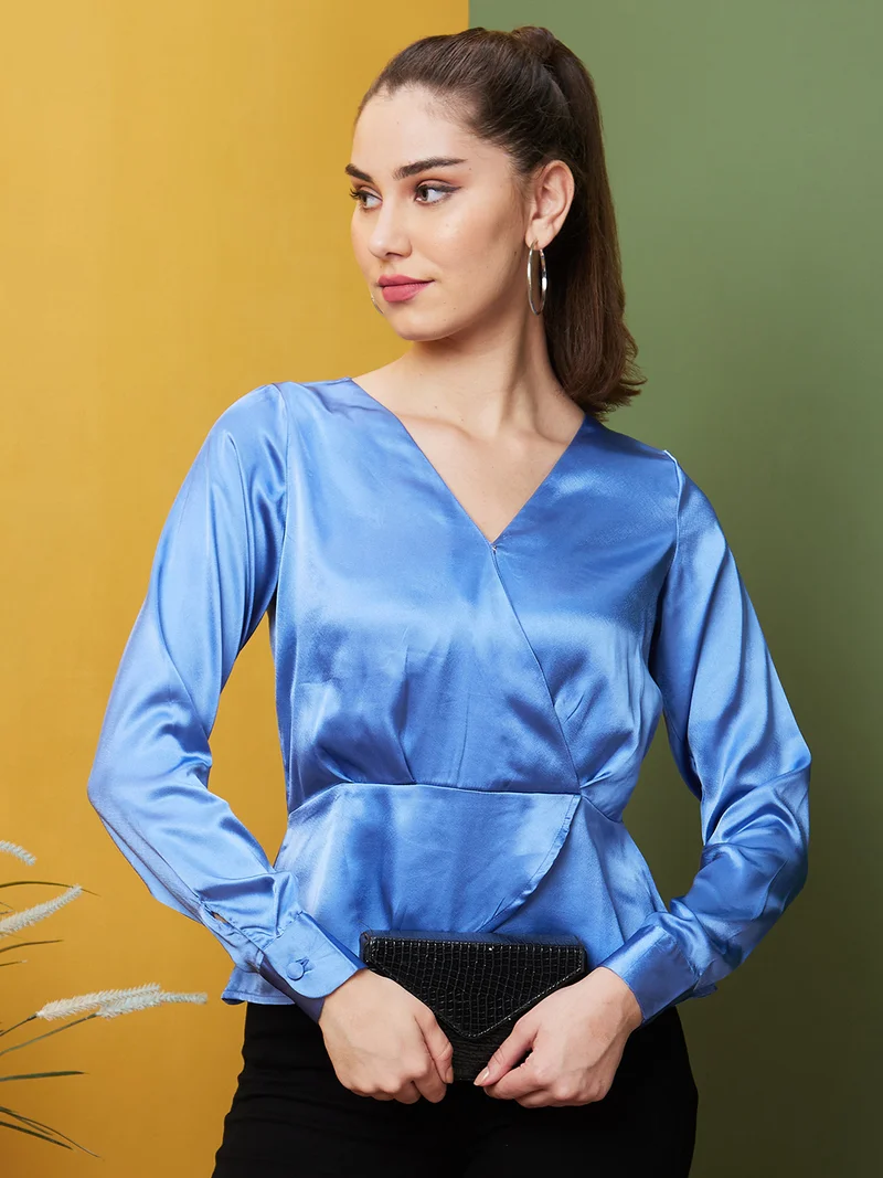 globus Women Blue V-Neck Satin Wrap Top