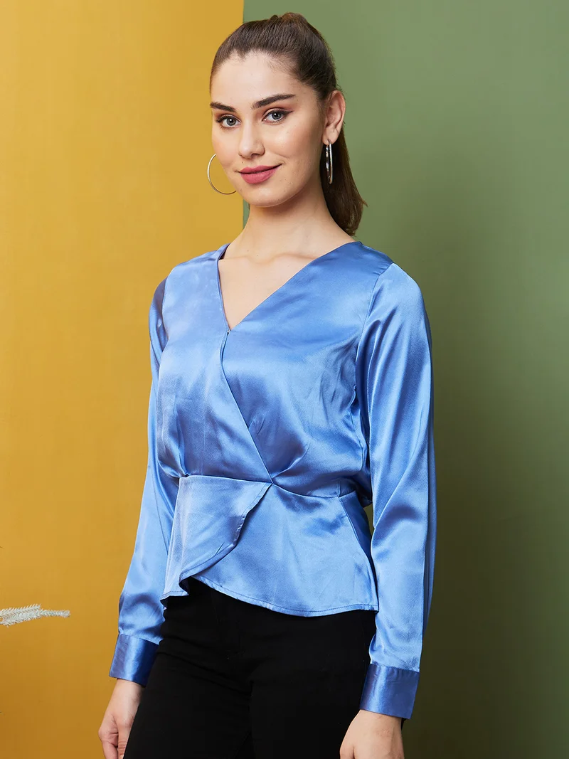 globus Women Blue V-Neck Satin Wrap Top