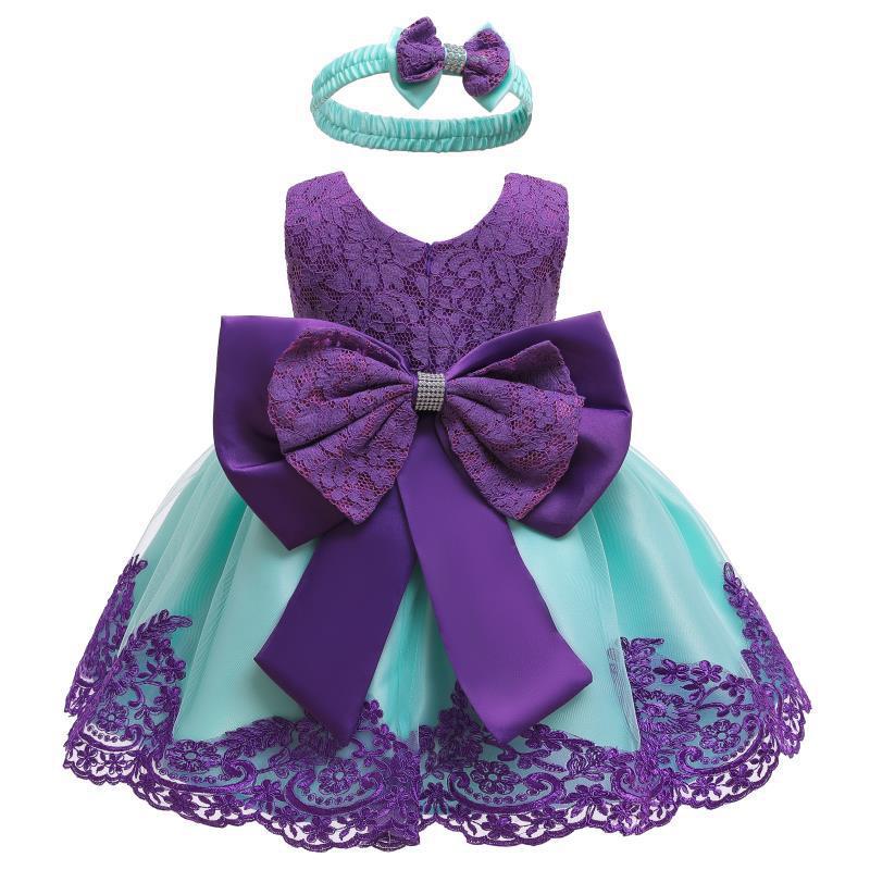 New European and American girls dinner performance bow lace dress large childrens evening dress wholesale purple