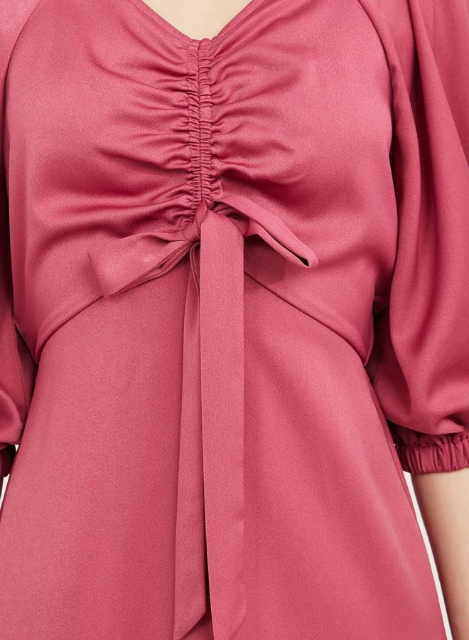 Styli 3/4 Sleeves Ruched Detail A-Line Midi Dress