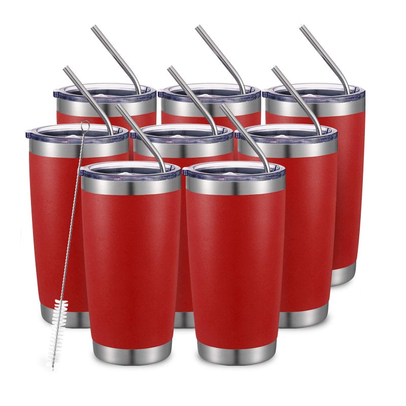 COMOOO 20oz Double Wall Vacuum Insulated Travel Mug Stainless Steel Tumbler with Lid and Straw Durable Powder Coated Insulated Coffee Cup for Cold  Hot Drinks Red 8 PACK