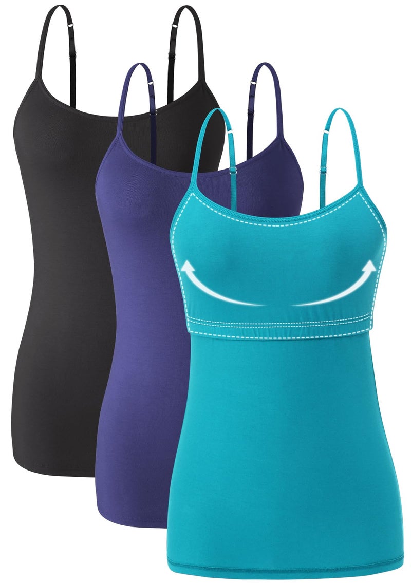 Orrpally Women Cotton Camisole Shelf Bra Cami Tank Tops Adjustable Spaghetti Strap Tank Top 3-Pack Black/Dark Blue/Aqua S - Image 1