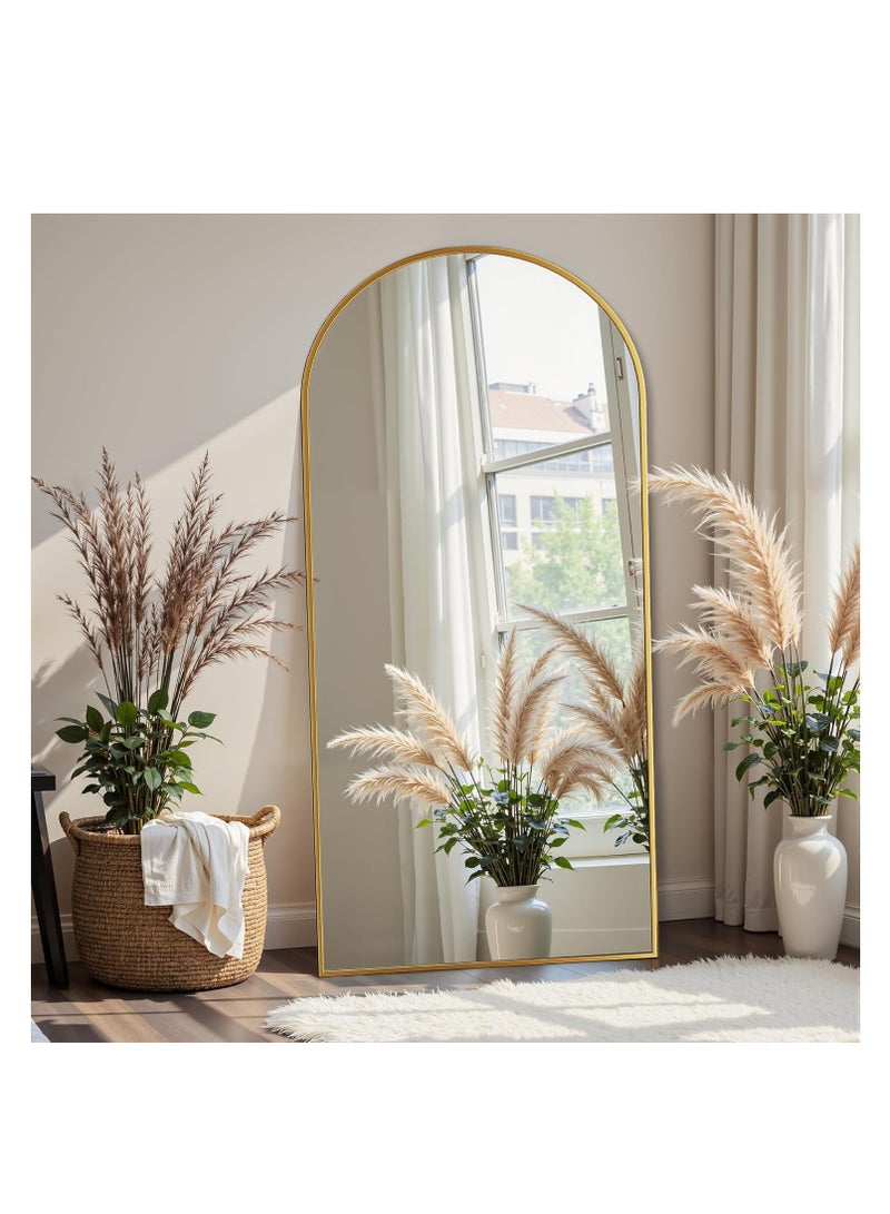 مرآة كاملة الطول سميكة، 71"x32" مرآة أرضية كبيرة مع قاعدة، مرآة قوسية للجسم بالكامل واقفة مائلة ضد الحائط، مرايا للجسم معلقة، مرايا كبيرة لغرفة النوم وخزانة الملابس. - Image 2