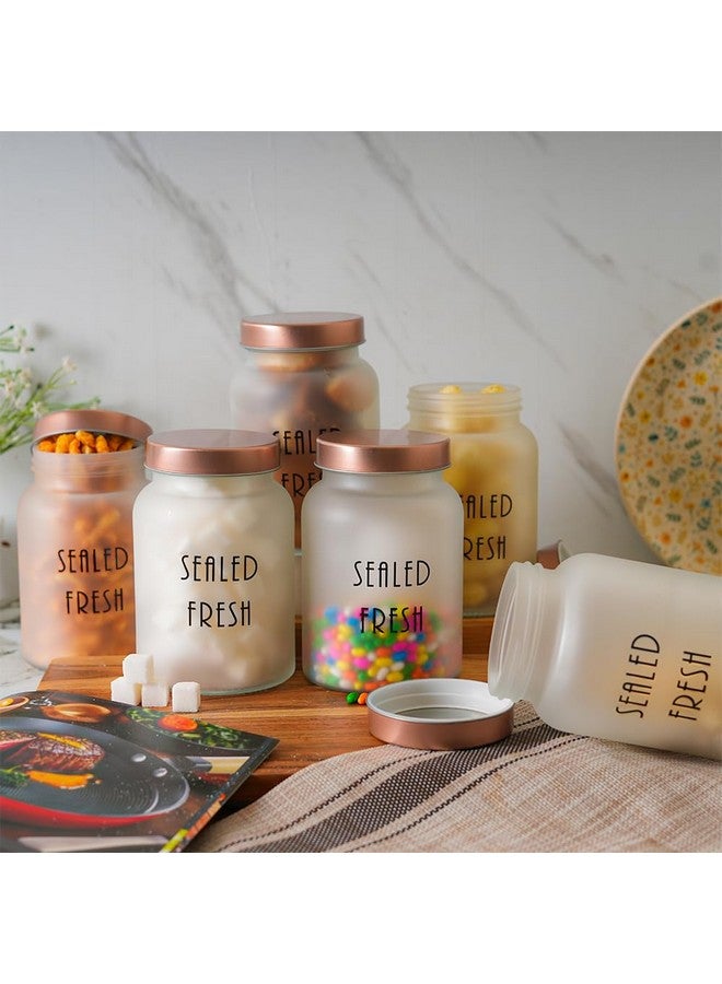 Femora Femora Frost Round Glass Jars for Kitchen| Kitchen Storage Jars| Stainless Steel Airtight Lids | 1 Year Warranty| Jars for Snacks, Fry Food, Masala, Spice, Pickles, Cookies| 1000ml | Set of 6 |Golden - Image 1