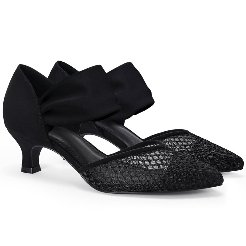 Coutgo Womens Low Kitten Heel Dress Shoes Pointed Toe Slip on Ankle Strap Cutout Elegant Party Wedding Pumps Mesh Black Size 8
