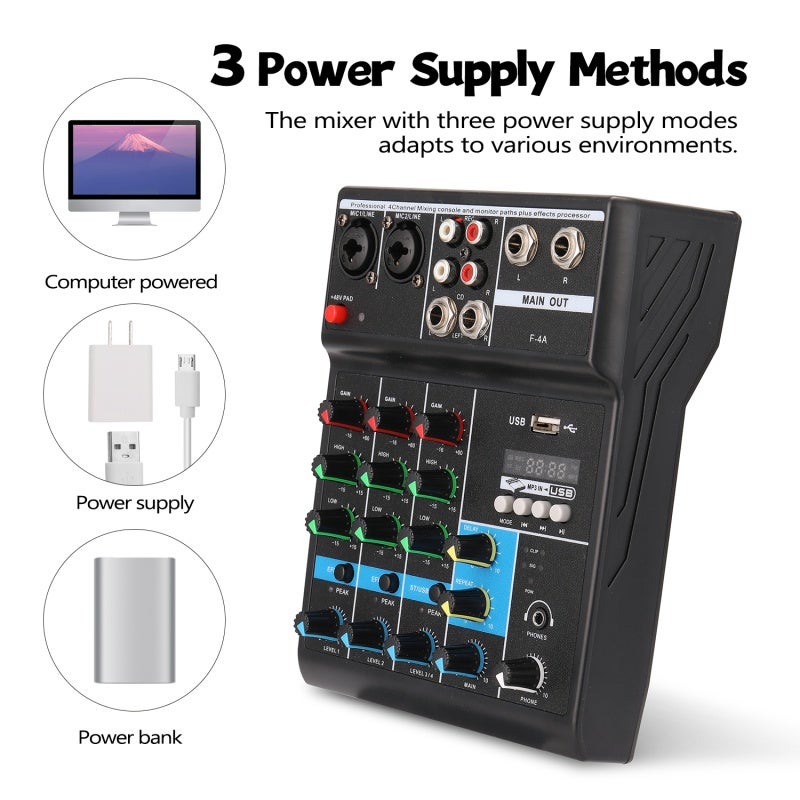 Audio Mixer 4-Channel Bluetooth USB Mixing Console with Reverb Control - Dual Stereo Channels Low-Noise Preamps Recording Console for Studio and Live Sound - Image 5