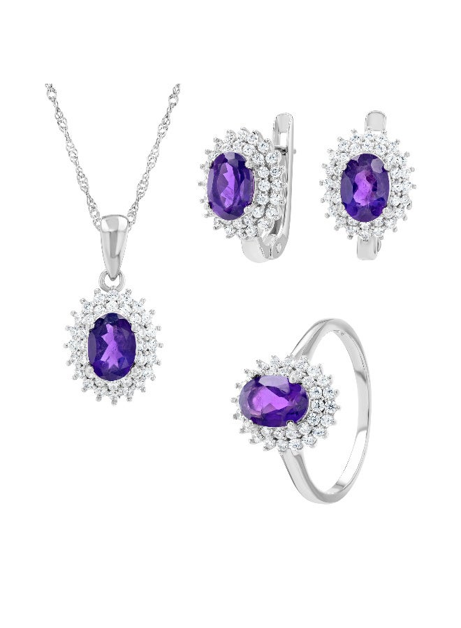 Genuine Amethyst & Zirconia Silver Set – Ring, Pendant & Earrings
