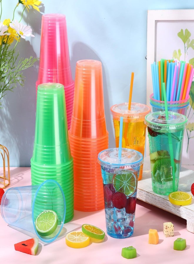 Jingmore 120 Sets 16 oz Neon Plastic Cups with Lids and Straws Glowing Party Glow in the Dark Cups Multicolor Disposable Bulk for Carnival Fiesta Bachelorette Decorations Birthday Wedding Party - Image 2