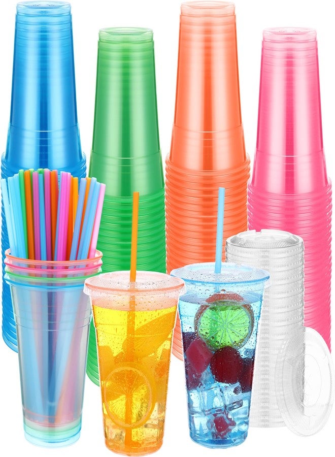 Jingmore 120 Sets 16 oz Neon Plastic Cups with Lids and Straws Glowing Party Glow in the Dark Cups Multicolor Disposable Bulk for Carnival Fiesta Bachelorette Decorations Birthday Wedding Party - Image 1