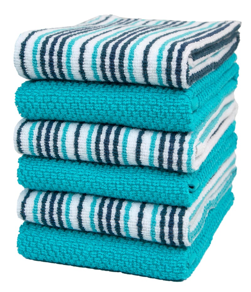 Bumble Towels Kitchen Towels 16â€x 26â€ - 6 Pack | Large Cotton Kitchen Hand Towels | Dish Towels | Popcorn Stripe Design | 430 GSM Highly Absorbent Tea Towels Set with Hanging Loop | Dish Towels for Kitchen | Aqua - Image 1