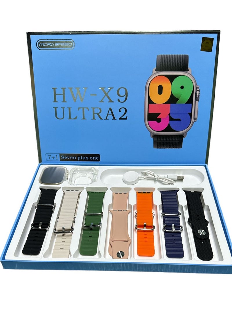 HW-X9 ultra 2 smart watch for calculating calories, receiving messages and calls, supports the Arabic language, comes with 7 bracelets, size 49 mm - multi-color