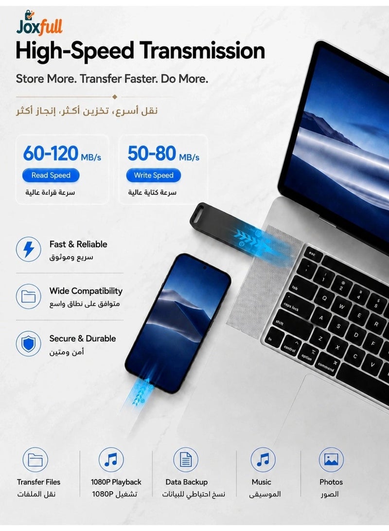جوكسفول محرك فلاش USB، ذاكرة فلاش بسرعة 2 تيرابايت 3.0، محرك ذاكرة USB من المعدن مع منفذ Type C للهواتف الذكية/ماك بوك/الكمبيوتر/الأجهزة اللوحية - Image 2