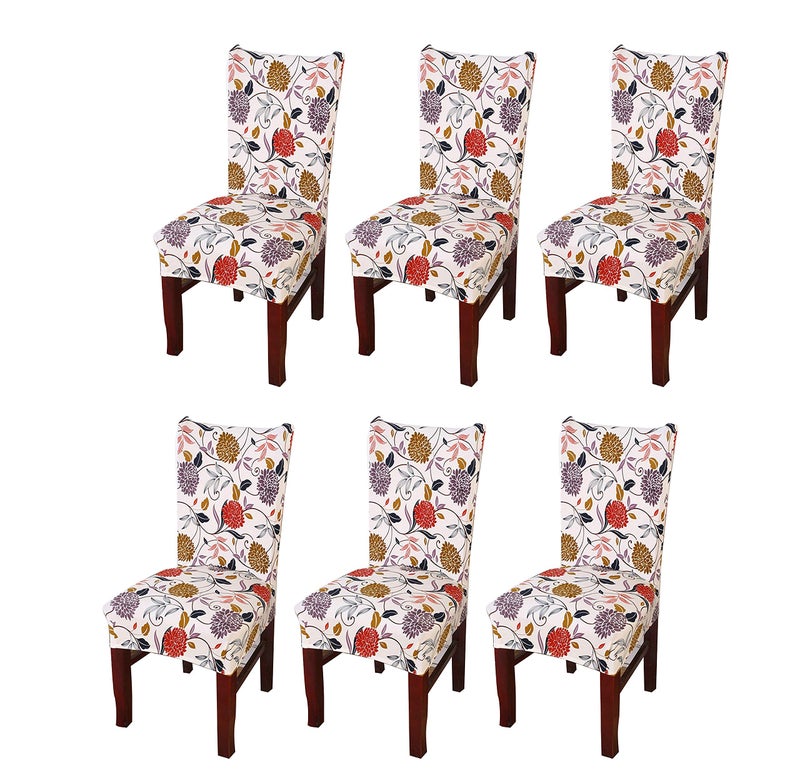 House of Quirk Polyester Floral Elastic Stretch Removable Washable Short Dining Chair Cover Seat Slipcover Protector (White Flower/Purple/Red, Pack of 6) - Image 5