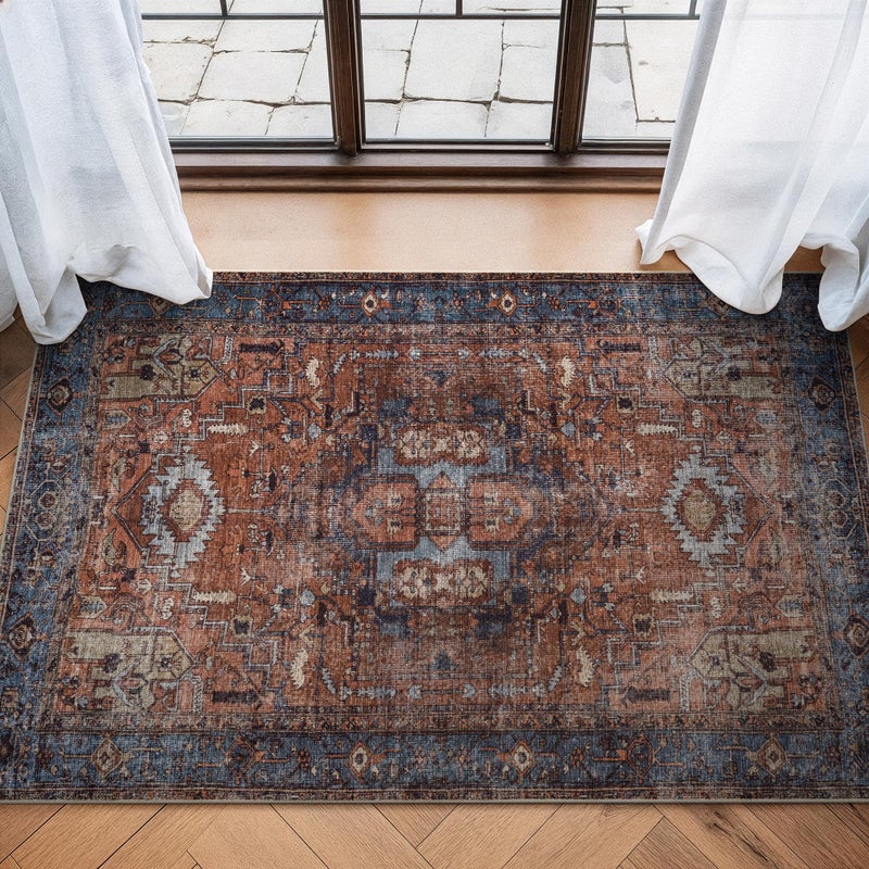 Bloom Rugs Washable 3' x 5' Rug - Terracotta/Blue Traditional Area Rug for Living Room, Bedroom, Dining Room, and Kitchen - Exact Size: 3' x 5' - Image 1