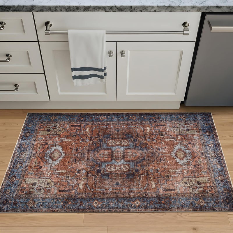 Bloom Rugs Washable 3' x 5' Rug - Terracotta/Blue Traditional Area Rug for Living Room, Bedroom, Dining Room, and Kitchen - Exact Size: 3' x 5' - Image 2