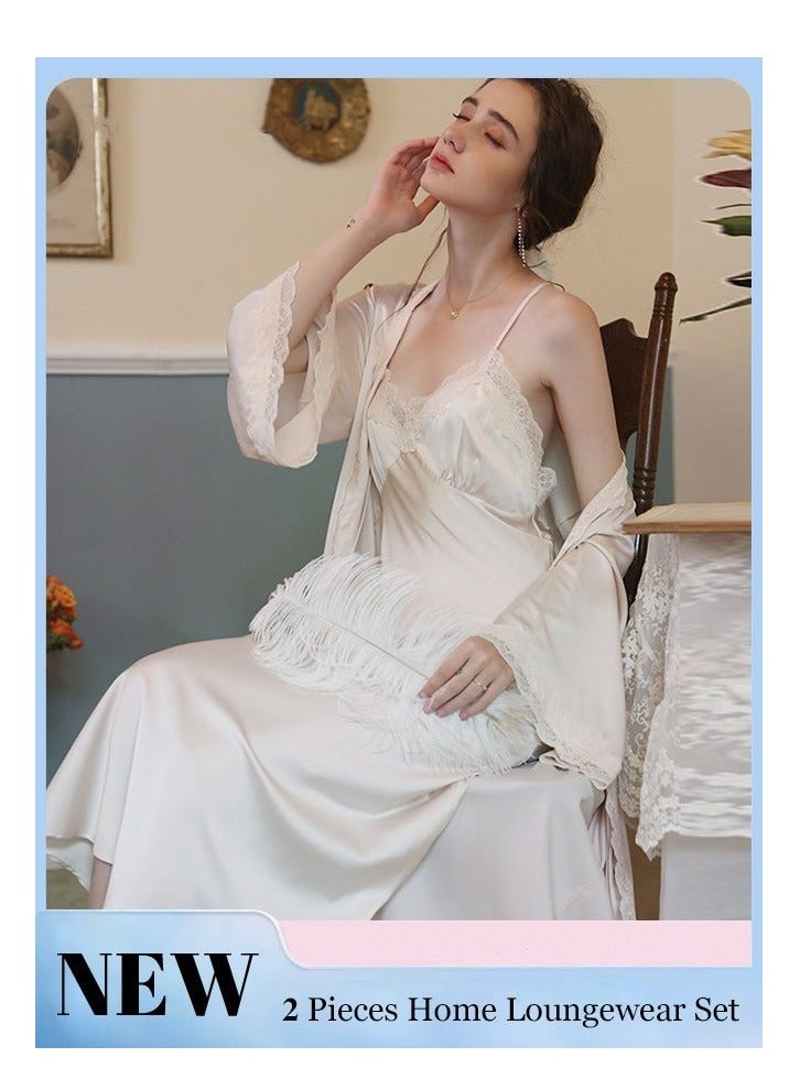 NIBEMINENT 2 Piece Set Women Sweet Nightdress Ice Silk Sling Lace Pajamas Ladies Satin Long Sleeve Robe Loungewear Loose Nightgown with Pad Female Spring Autumn Solid Home Wear - Image 1