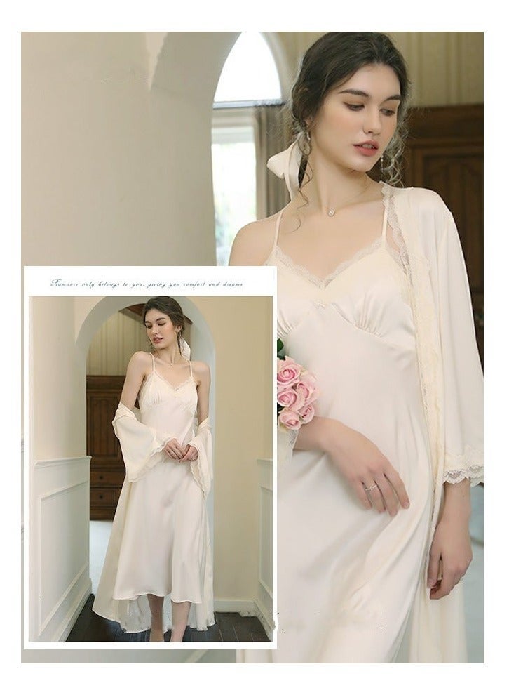 NIBEMINENT 2 Piece Set Women Sweet Nightdress Ice Silk Sling Lace Pajamas Ladies Satin Long Sleeve Robe Loungewear Loose Nightgown with Pad Female Spring Autumn Solid Home Wear - Image 2