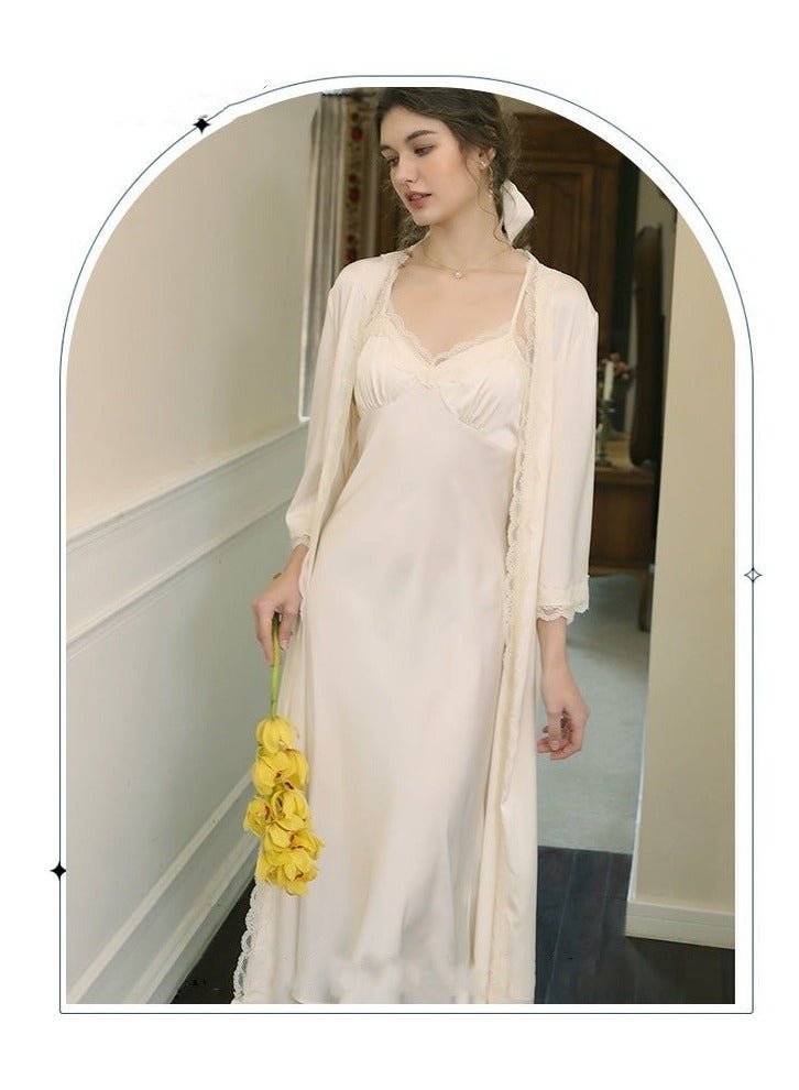 NIBEMINENT 2 Piece Set Women Sweet Nightdress Ice Silk Sling Lace Pajamas Ladies Satin Long Sleeve Robe Loungewear Loose Nightgown with Pad Female Spring Autumn Solid Home Wear - Image 5