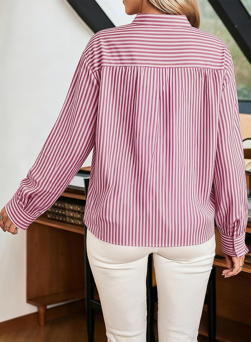 Astylish Women's Button Down Classic Stripe Shirt Casual Tops 2026 Fall Flowy Long Sleeve Ruffle V Neck Trendy Vertical Thin Stripes Blouses Red Stripe XX-Large - Image 5