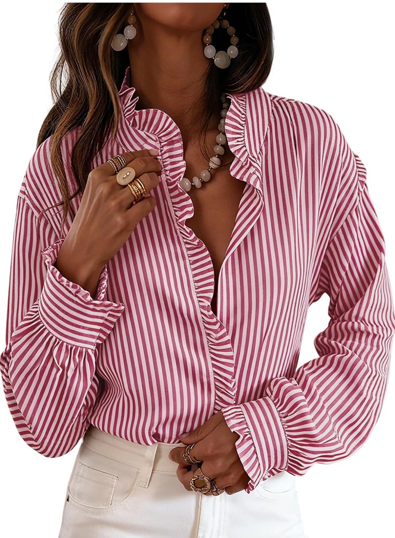 Astylish Women's Button Down Classic Stripe Shirt Casual Tops 2026 Fall Flowy Long Sleeve Ruffle V Neck Trendy Vertical Thin Stripes Blouses Red Stripe XX-Large - Image 4