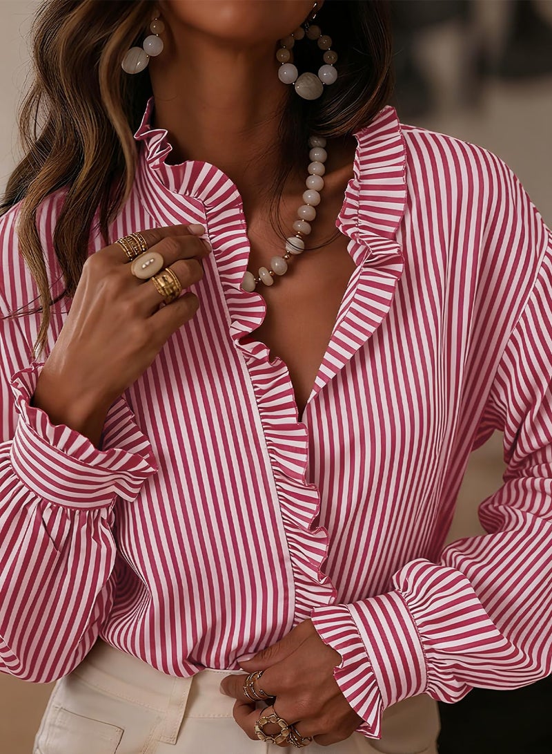 Astylish Women's Button Down Classic Stripe Shirt Casual Tops 2026 Fall Flowy Long Sleeve Ruffle V Neck Trendy Vertical Thin Stripes Blouses Red Stripe XX-Large - Image 2