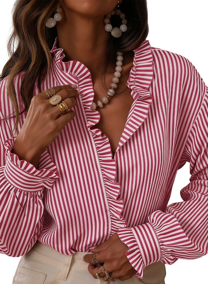 Astylish Women's Button Down Classic Stripe Shirt Casual Tops 2026 Fall Flowy Long Sleeve Ruffle V Neck Trendy Vertical Thin Stripes Blouses Red Stripe XX-Large - Image 1
