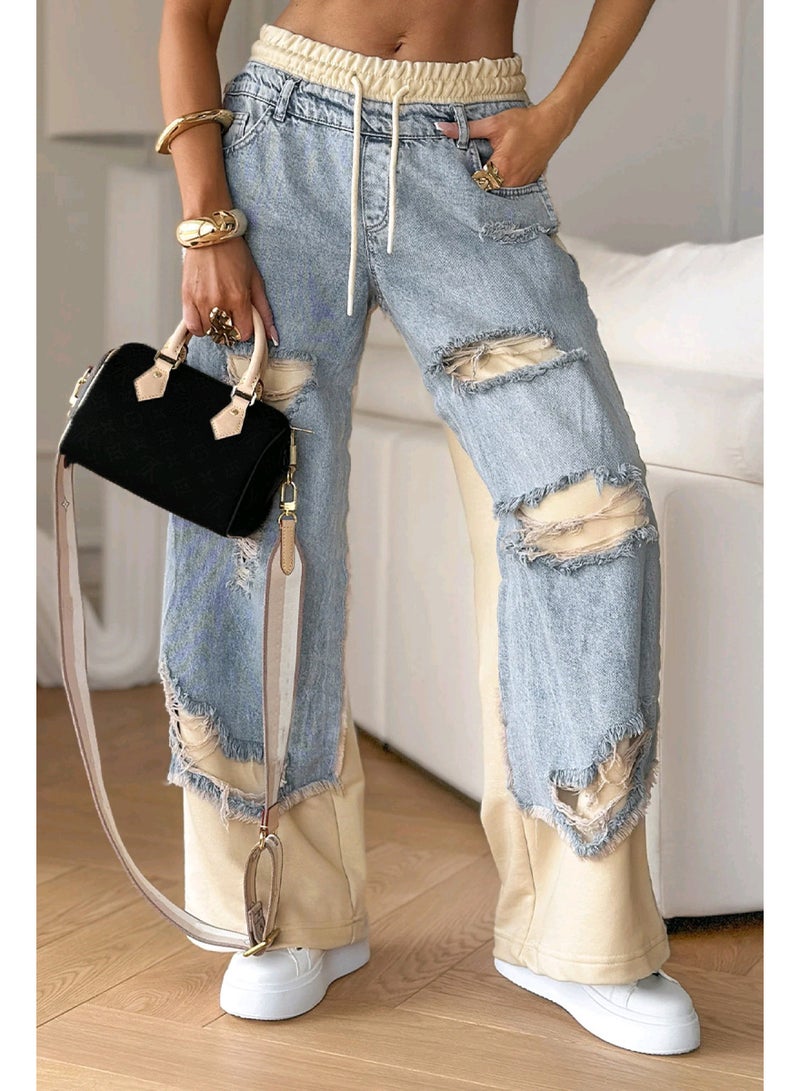 SCACTO Distressed Wide - leg Drawstring Waist Pants 