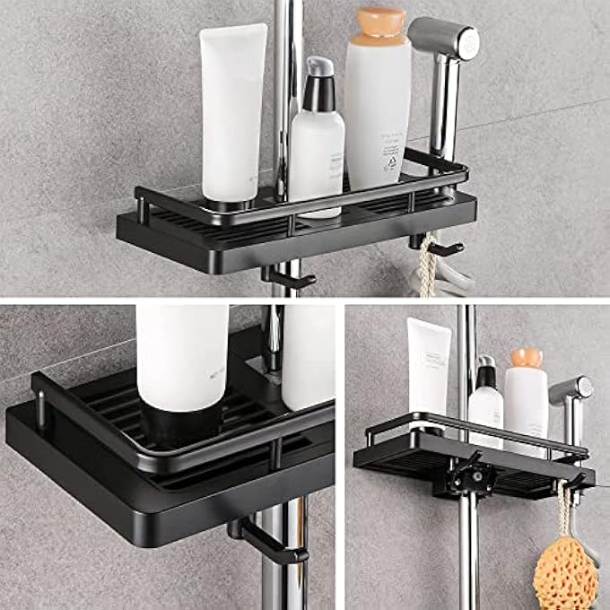 Bathroom Shower Rack 2in1 Liftable Shower Rack No Drilling Adhesive Storage Shelf Organizer Holder Punchfree Multifunction Storage Rack for Bathroom and Kitchen Black - Image 3