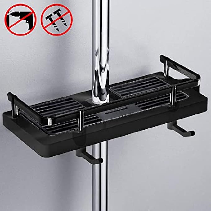 Bathroom Shower Rack 2in1 Liftable Shower Rack No Drilling Adhesive Storage Shelf Organizer Holder Punchfree Multifunction Storage Rack for Bathroom and Kitchen Black - Image 2