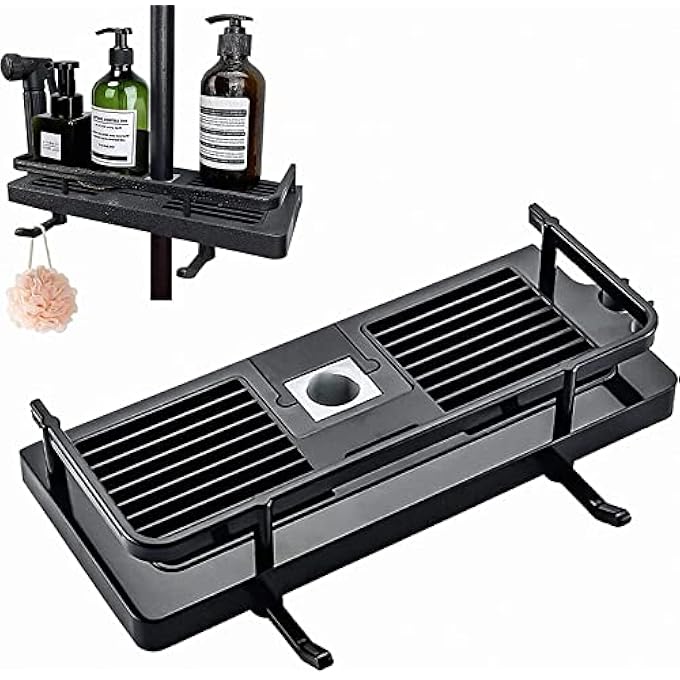 Bathroom Shower Rack 2in1 Liftable Shower Rack No Drilling Adhesive Storage Shelf Organizer Holder Punchfree Multifunction Storage Rack for Bathroom and Kitchen Black - Image 1