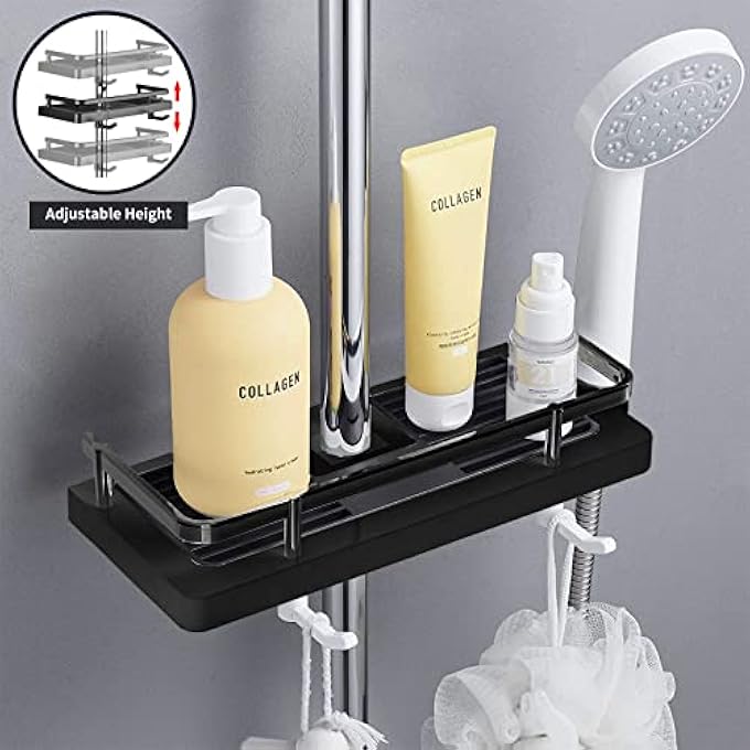 Bathroom Shower Rack 2in1 Liftable Shower Rack No Drilling Adhesive Storage Shelf Organizer Holder Punchfree Multifunction Storage Rack for Bathroom and Kitchen Black - Image 4