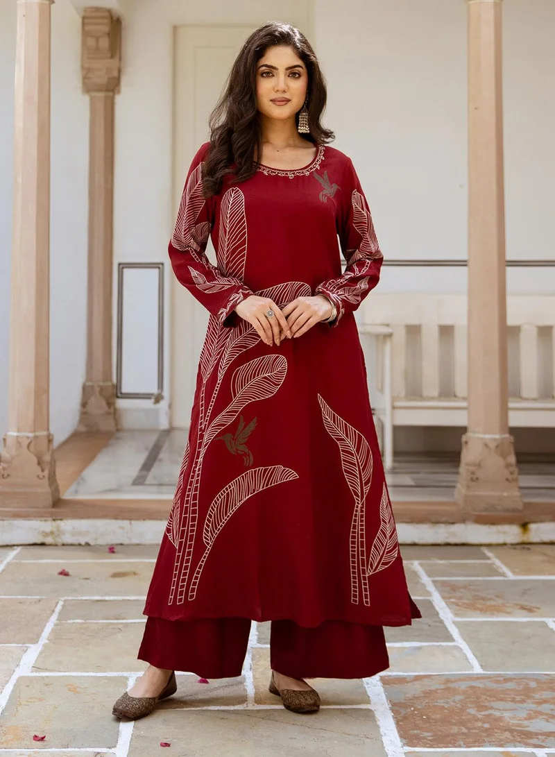 ISHIN Floral Printed Sequinned A-Line Kurta With Trousers