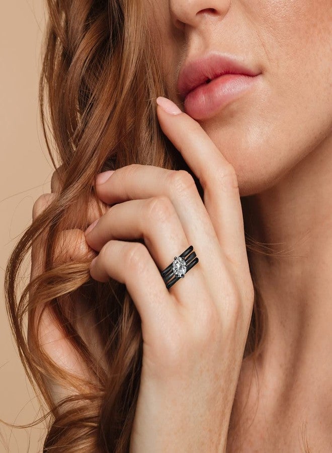 SILVERLINE JEWELRY Stainless Steel Set of 3 Rings Two 2mm Wedding Bands & Solitaire 7mm Round-Cut Cubic Zirconia Engagement Bridal Ring Set, Black Tone Size 5 - Image 3