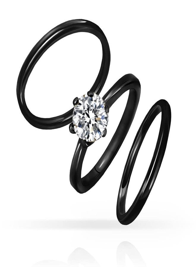 SILVERLINE JEWELRY Stainless Steel Set of 3 Rings Two 2mm Wedding Bands & Solitaire 7mm Round-Cut Cubic Zirconia Engagement Bridal Ring Set, Black Tone Size 5 - Image 5