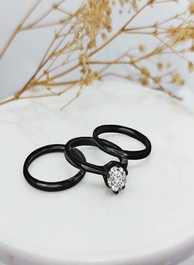 SILVERLINE JEWELRY Stainless Steel Set of 3 Rings Two 2mm Wedding Bands & Solitaire 7mm Round-Cut Cubic Zirconia Engagement Bridal Ring Set, Black Tone Size 5 - Image 4