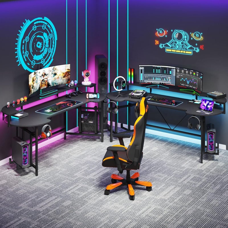 Tribesigns 190CM Gaming Desk with Monitor Shelf, Large PC Computer Desk with LED Lights, Gaming Table Gamer Des for Bedroom, Home Office, Black - Image 5