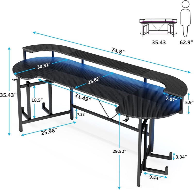 Tribesigns 190CM Gaming Desk with Monitor Shelf, Large PC Computer Desk with LED Lights, Gaming Table Gamer Des for Bedroom, Home Office, Black - Image 2
