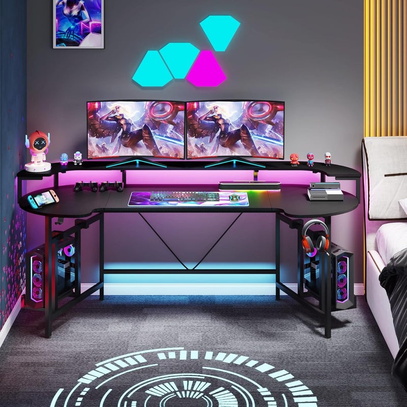 Tribesigns 190CM Gaming Desk with Monitor Shelf, Large PC Computer Desk with LED Lights, Gaming Table Gamer Des for Bedroom, Home Office, Black - Image 3