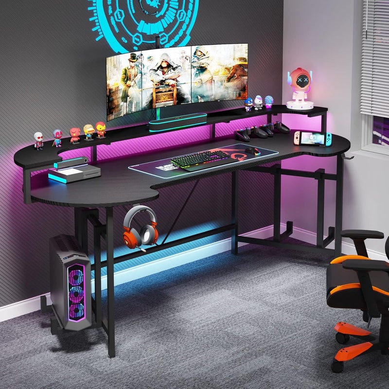 Tribesigns 190CM Gaming Desk with Monitor Shelf, Large PC Computer Desk with LED Lights, Gaming Table Gamer Des for Bedroom, Home Office, Black - Image 1