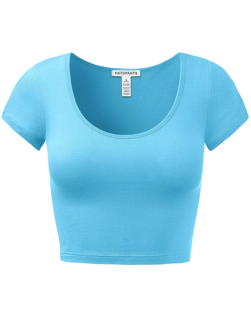 HATOPANTS Women's Cotton Crop Tops Short Sleeve Scoop Neck Stretchy Casual Shirt Aqua S - Image 1