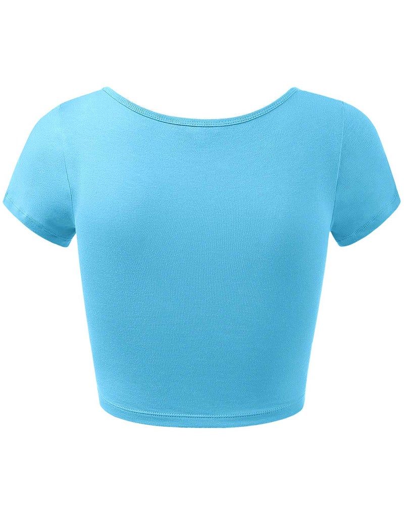 HATOPANTS Women's Cotton Crop Tops Short Sleeve Scoop Neck Stretchy Casual Shirt Aqua S - Image 3